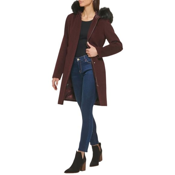 NWT Cole Haan Women's Hooded Coat Slick Wool Detatchable Faux Fur Trim- Women 8 - Picture 2 of 13